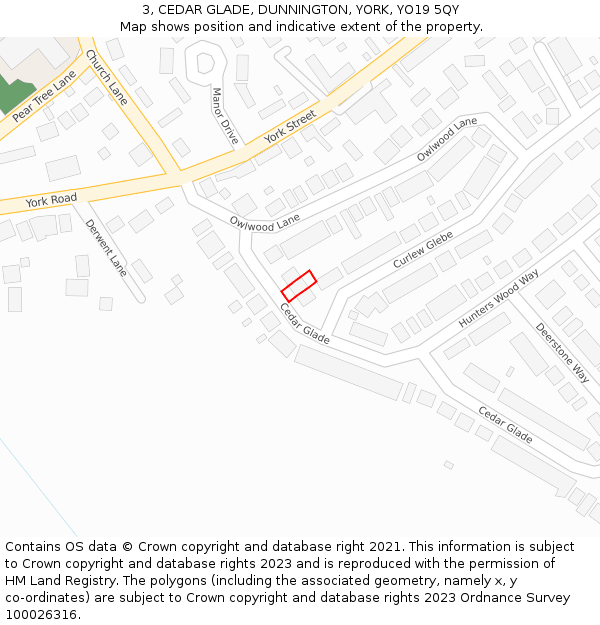 3, CEDAR GLADE, DUNNINGTON, YORK, YO19 5QY: Location map and indicative extent of plot