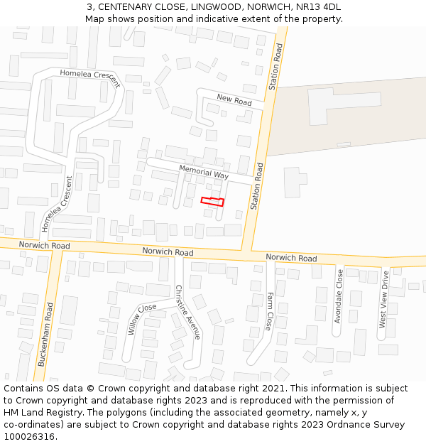 3, CENTENARY CLOSE, LINGWOOD, NORWICH, NR13 4DL: Location map and indicative extent of plot