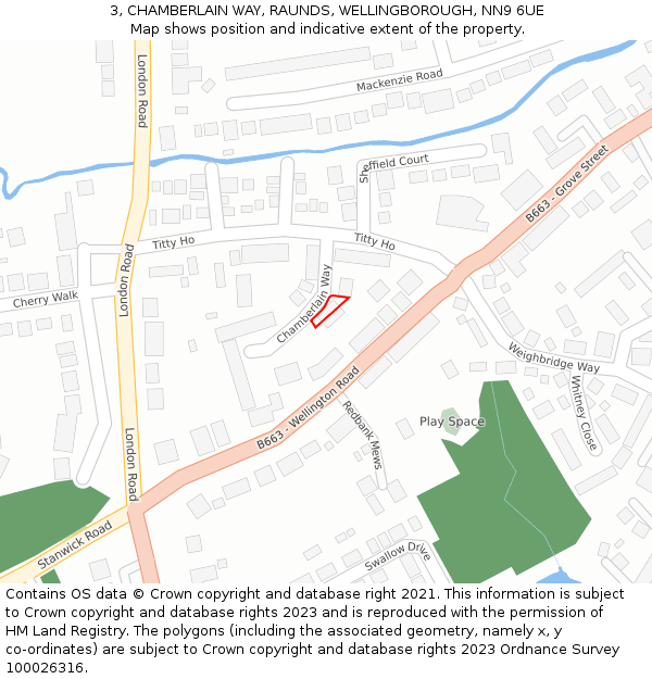 3, CHAMBERLAIN WAY, RAUNDS, WELLINGBOROUGH, NN9 6UE: Location map and indicative extent of plot
