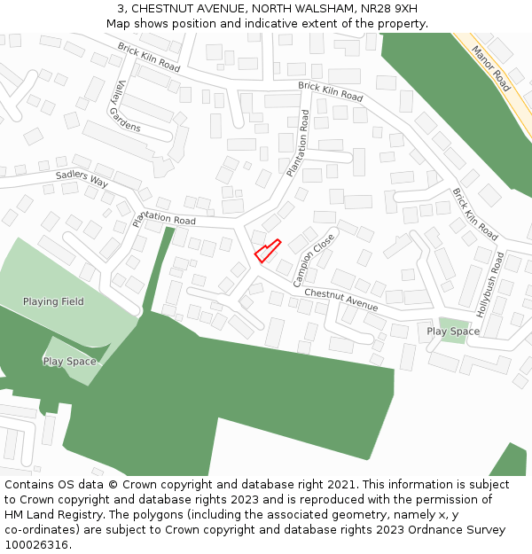 3, CHESTNUT AVENUE, NORTH WALSHAM, NR28 9XH: Location map and indicative extent of plot