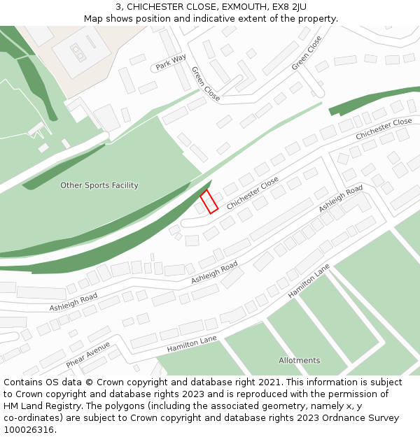 3, CHICHESTER CLOSE, EXMOUTH, EX8 2JU: Location map and indicative extent of plot