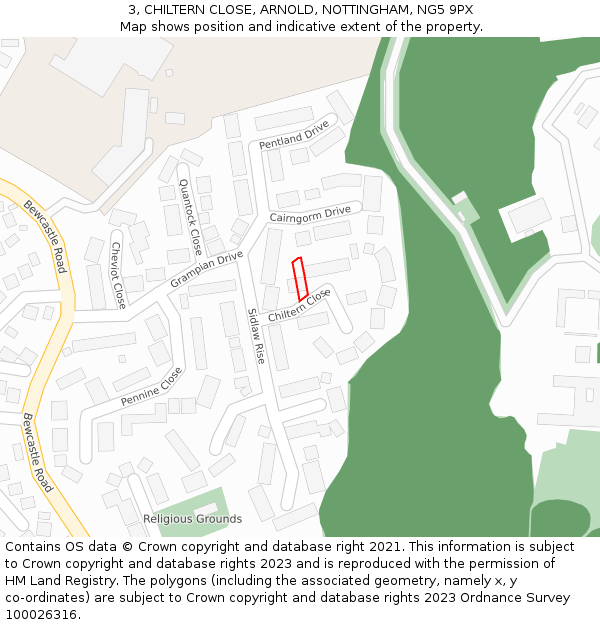 3, CHILTERN CLOSE, ARNOLD, NOTTINGHAM, NG5 9PX: Location map and indicative extent of plot