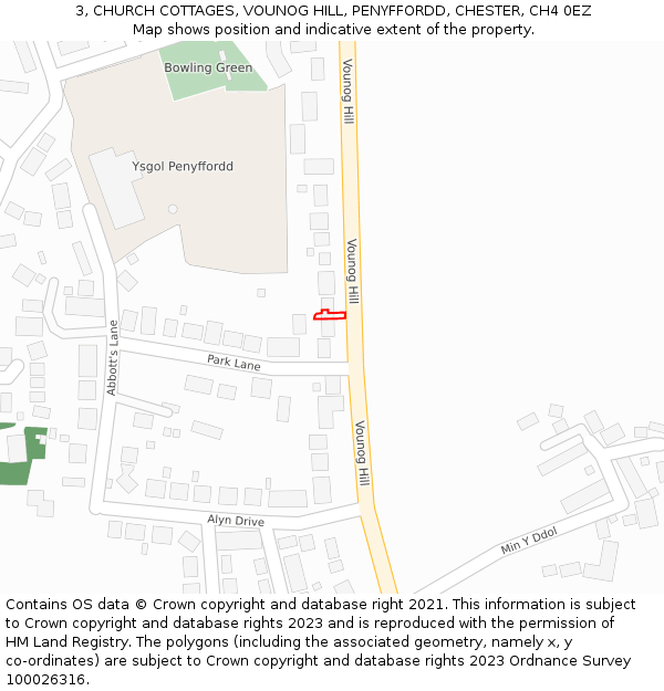 3, CHURCH COTTAGES, VOUNOG HILL, PENYFFORDD, CHESTER, CH4 0EZ: Location map and indicative extent of plot