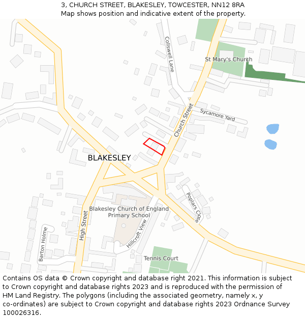 3, CHURCH STREET, BLAKESLEY, TOWCESTER, NN12 8RA: Location map and indicative extent of plot