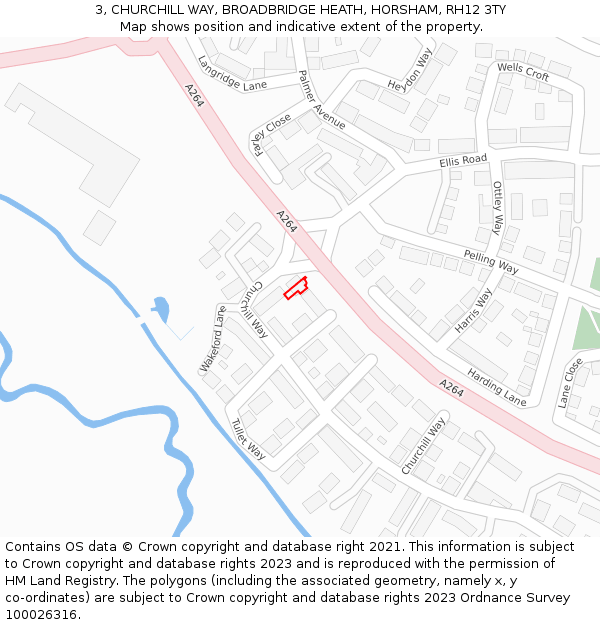3, CHURCHILL WAY, BROADBRIDGE HEATH, HORSHAM, RH12 3TY: Location map and indicative extent of plot