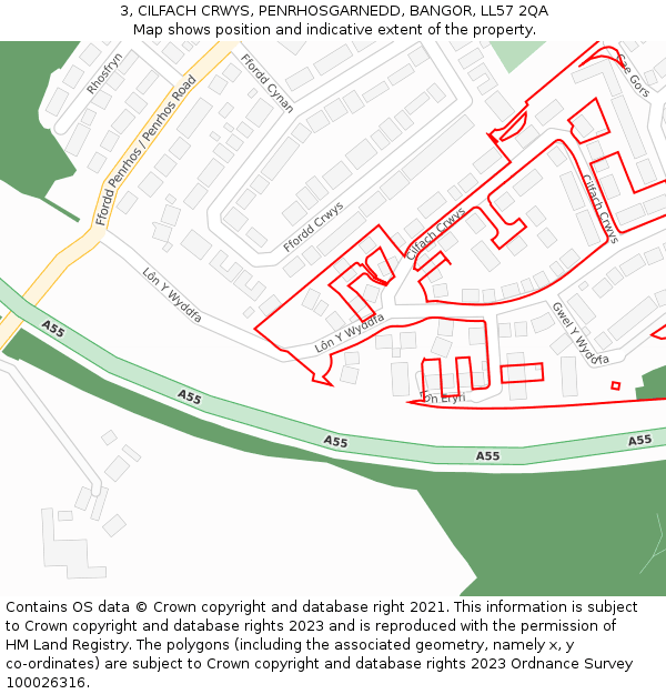 3, CILFACH CRWYS, PENRHOSGARNEDD, BANGOR, LL57 2QA: Location map and indicative extent of plot