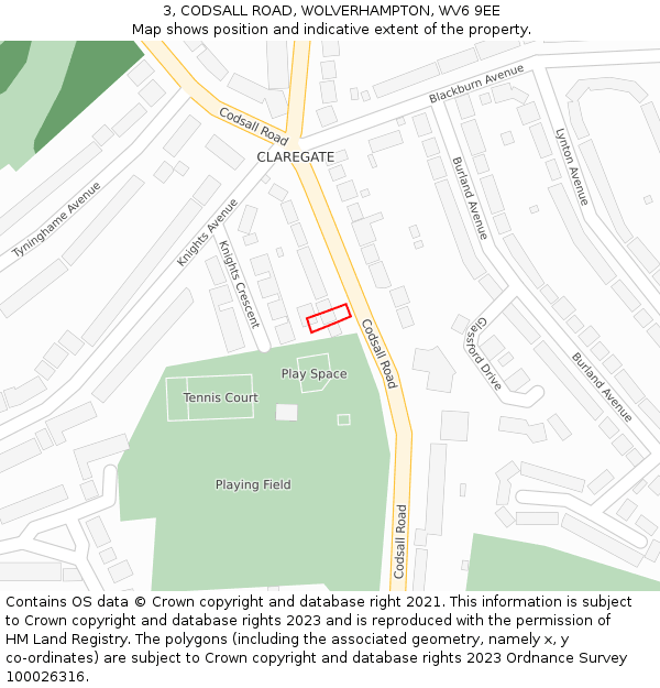 3, CODSALL ROAD, WOLVERHAMPTON, WV6 9EE: Location map and indicative extent of plot