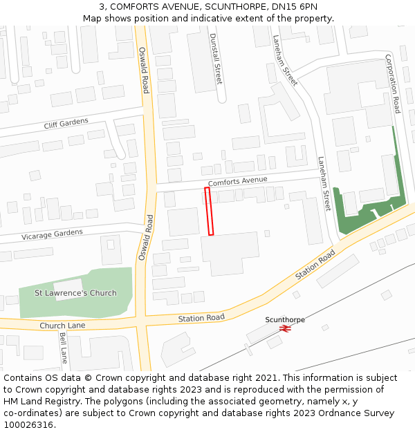 3, COMFORTS AVENUE, SCUNTHORPE, DN15 6PN: Location map and indicative extent of plot