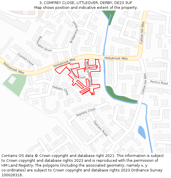 3, COMFREY CLOSE, LITTLEOVER, DERBY, DE23 3UF: Location map and indicative extent of plot