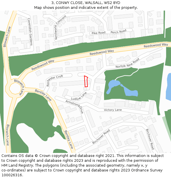 3, CONWY CLOSE, WALSALL, WS2 8YD: Location map and indicative extent of plot