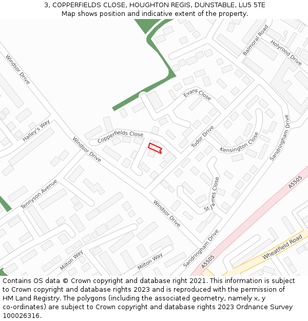 3, COPPERFIELDS CLOSE, HOUGHTON REGIS, DUNSTABLE, LU5 5TE: Location map and indicative extent of plot