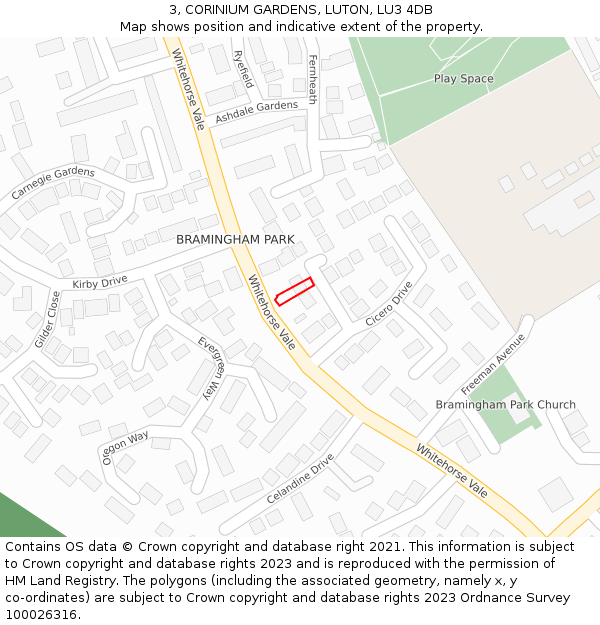 3, CORINIUM GARDENS, LUTON, LU3 4DB: Location map and indicative extent of plot