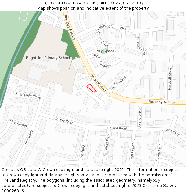 3, CORNFLOWER GARDENS, BILLERICAY, CM12 0TQ: Location map and indicative extent of plot