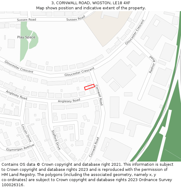 3, CORNWALL ROAD, WIGSTON, LE18 4XF: Location map and indicative extent of plot