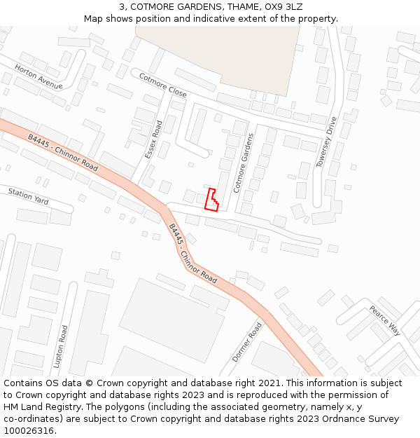 3, COTMORE GARDENS, THAME, OX9 3LZ: Location map and indicative extent of plot
