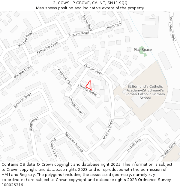 3, COWSLIP GROVE, CALNE, SN11 9QQ: Location map and indicative extent of plot