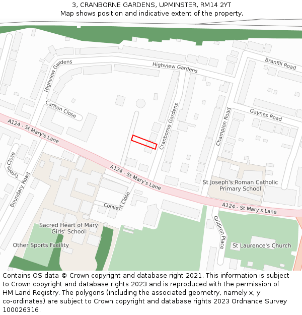 3, CRANBORNE GARDENS, UPMINSTER, RM14 2YT: Location map and indicative extent of plot
