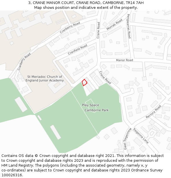 3, CRANE MANOR COURT, CRANE ROAD, CAMBORNE, TR14 7AH: Location map and indicative extent of plot