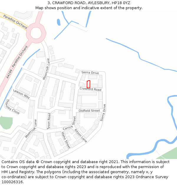 3, CRAWFORD ROAD, AYLESBURY, HP18 0YZ: Location map and indicative extent of plot