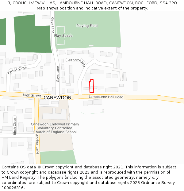 3, CROUCH VIEW VILLAS, LAMBOURNE HALL ROAD, CANEWDON, ROCHFORD, SS4 3PQ: Location map and indicative extent of plot