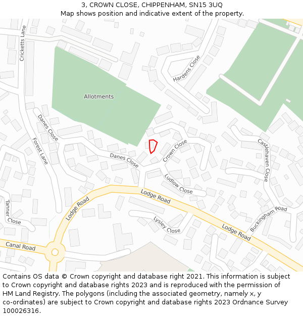 3, CROWN CLOSE, CHIPPENHAM, SN15 3UQ: Location map and indicative extent of plot