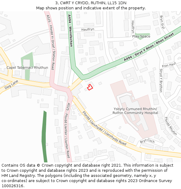 3, CWRT Y CRYDD, RUTHIN, LL15 1DN: Location map and indicative extent of plot
