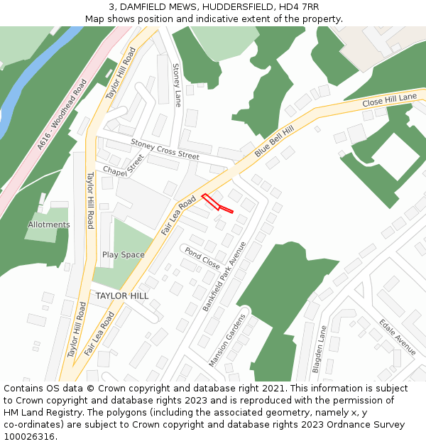 3, DAMFIELD MEWS, HUDDERSFIELD, HD4 7RR: Location map and indicative extent of plot
