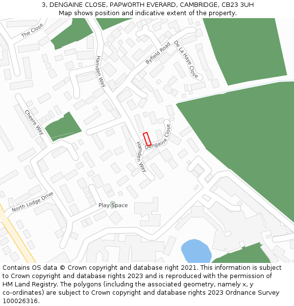 3, DENGAINE CLOSE, PAPWORTH EVERARD, CAMBRIDGE, CB23 3UH: Location map and indicative extent of plot