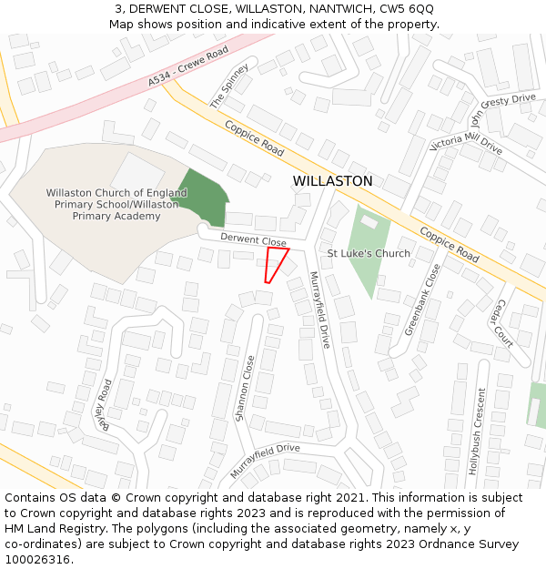 3, DERWENT CLOSE, WILLASTON, NANTWICH, CW5 6QQ: Location map and indicative extent of plot