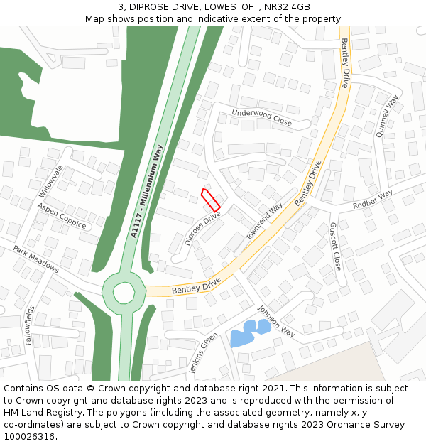 3, DIPROSE DRIVE, LOWESTOFT, NR32 4GB: Location map and indicative extent of plot