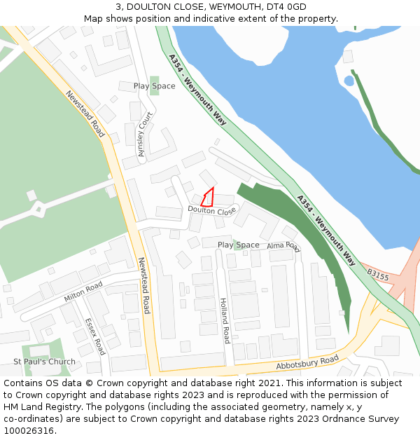 3, DOULTON CLOSE, WEYMOUTH, DT4 0GD: Location map and indicative extent of plot