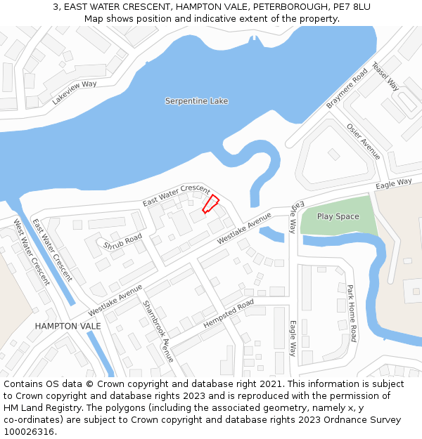 3, EAST WATER CRESCENT, HAMPTON VALE, PETERBOROUGH, PE7 8LU: Location map and indicative extent of plot