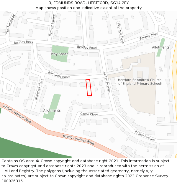3, EDMUNDS ROAD, HERTFORD, SG14 2EY: Location map and indicative extent of plot