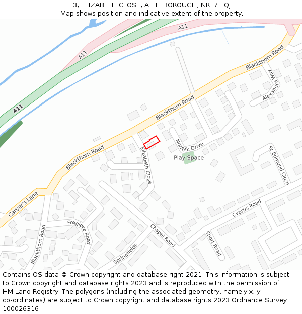 3, ELIZABETH CLOSE, ATTLEBOROUGH, NR17 1QJ: Location map and indicative extent of plot