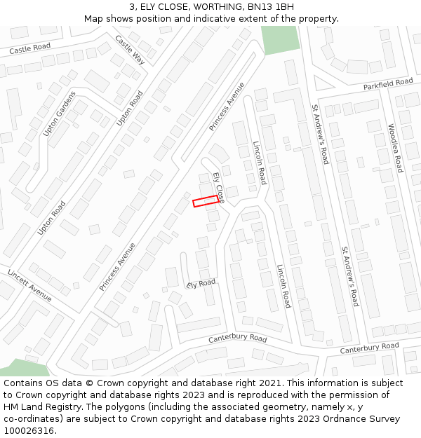 3, ELY CLOSE, WORTHING, BN13 1BH: Location map and indicative extent of plot