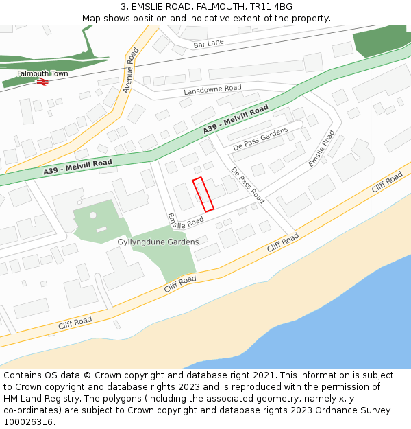 3, EMSLIE ROAD, FALMOUTH, TR11 4BG: Location map and indicative extent of plot