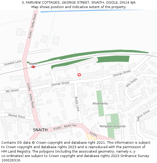3, FAIRVIEW COTTAGES, GEORGE STREET, SNAITH, GOOLE, DN14 9JA: Location map and indicative extent of plot