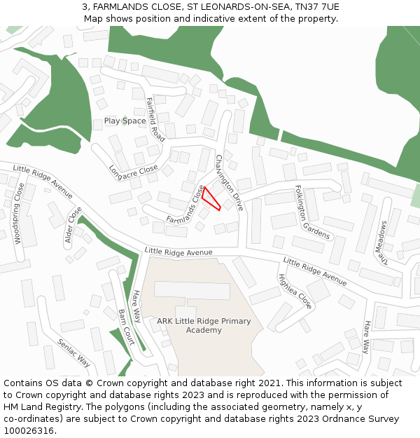 3, FARMLANDS CLOSE, ST LEONARDS-ON-SEA, TN37 7UE: Location map and indicative extent of plot