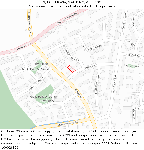 3, FARRIER WAY, SPALDING, PE11 3GG: Location map and indicative extent of plot
