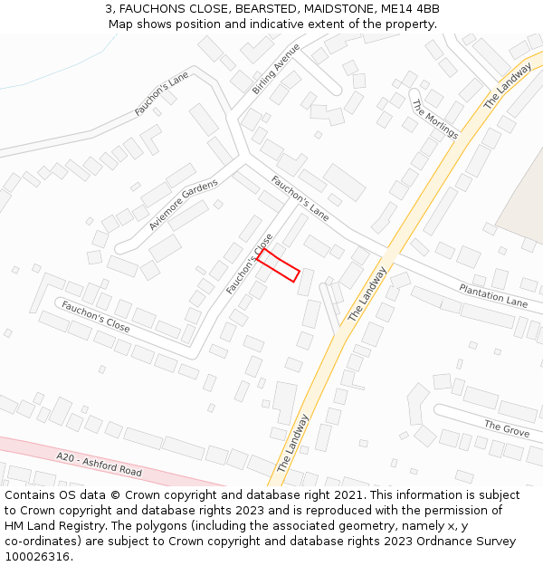 3, FAUCHONS CLOSE, BEARSTED, MAIDSTONE, ME14 4BB: Location map and indicative extent of plot