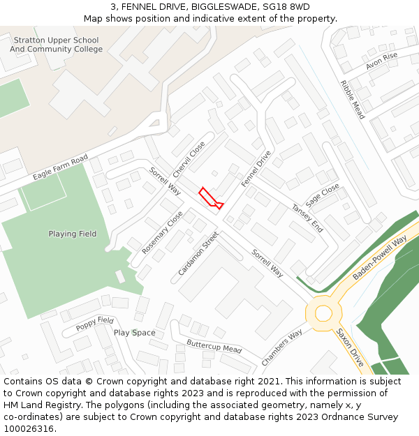 3, FENNEL DRIVE, BIGGLESWADE, SG18 8WD: Location map and indicative extent of plot
