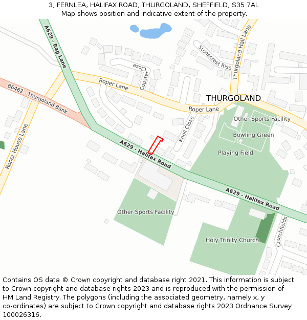 3, FERNLEA, HALIFAX ROAD, THURGOLAND, SHEFFIELD, S35 7AL: Location map and indicative extent of plot
