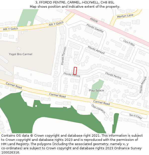3, FFORDD PENTRE, CARMEL, HOLYWELL, CH8 8SL: Location map and indicative extent of plot