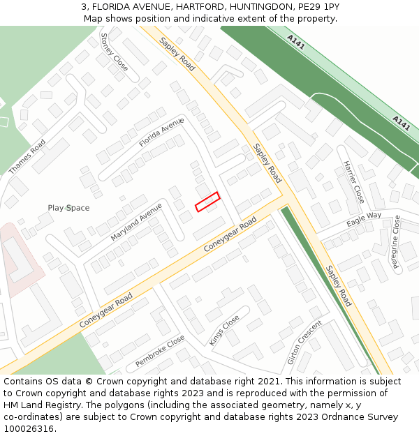 3, FLORIDA AVENUE, HARTFORD, HUNTINGDON, PE29 1PY: Location map and indicative extent of plot
