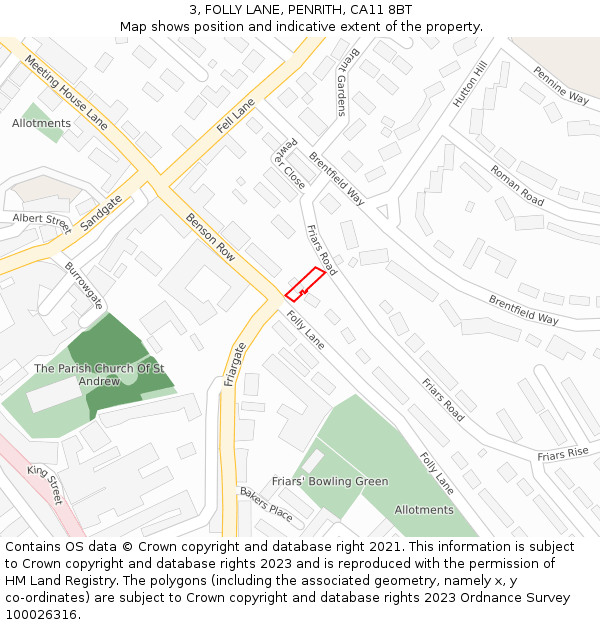 3, FOLLY LANE, PENRITH, CA11 8BT: Location map and indicative extent of plot