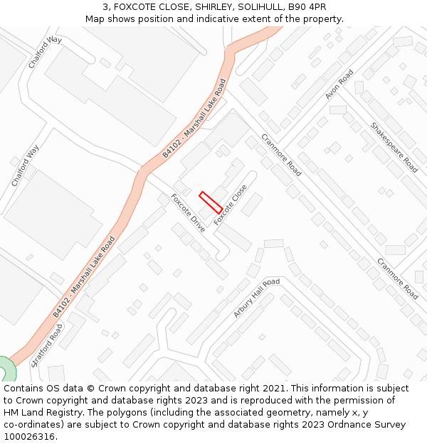 3, FOXCOTE CLOSE, SHIRLEY, SOLIHULL, B90 4PR: Location map and indicative extent of plot