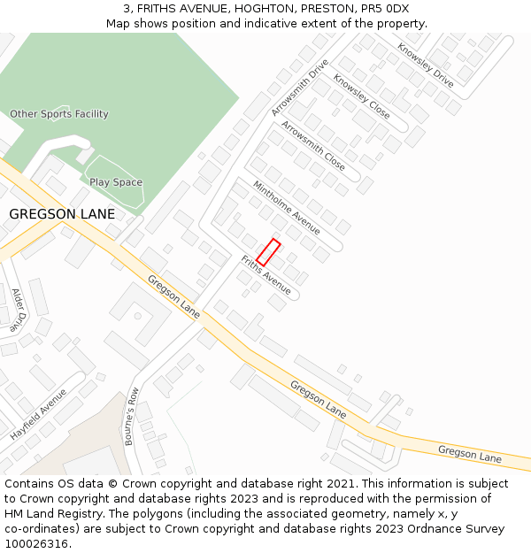 3, FRITHS AVENUE, HOGHTON, PRESTON, PR5 0DX: Location map and indicative extent of plot