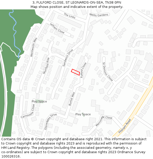 3, FULFORD CLOSE, ST LEONARDS-ON-SEA, TN38 0PN: Location map and indicative extent of plot