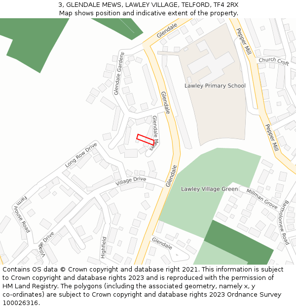 3, GLENDALE MEWS, LAWLEY VILLAGE, TELFORD, TF4 2RX: Location map and indicative extent of plot