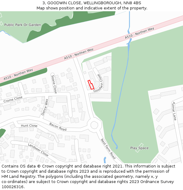 3, GOODWIN CLOSE, WELLINGBOROUGH, NN8 4BS: Location map and indicative extent of plot
